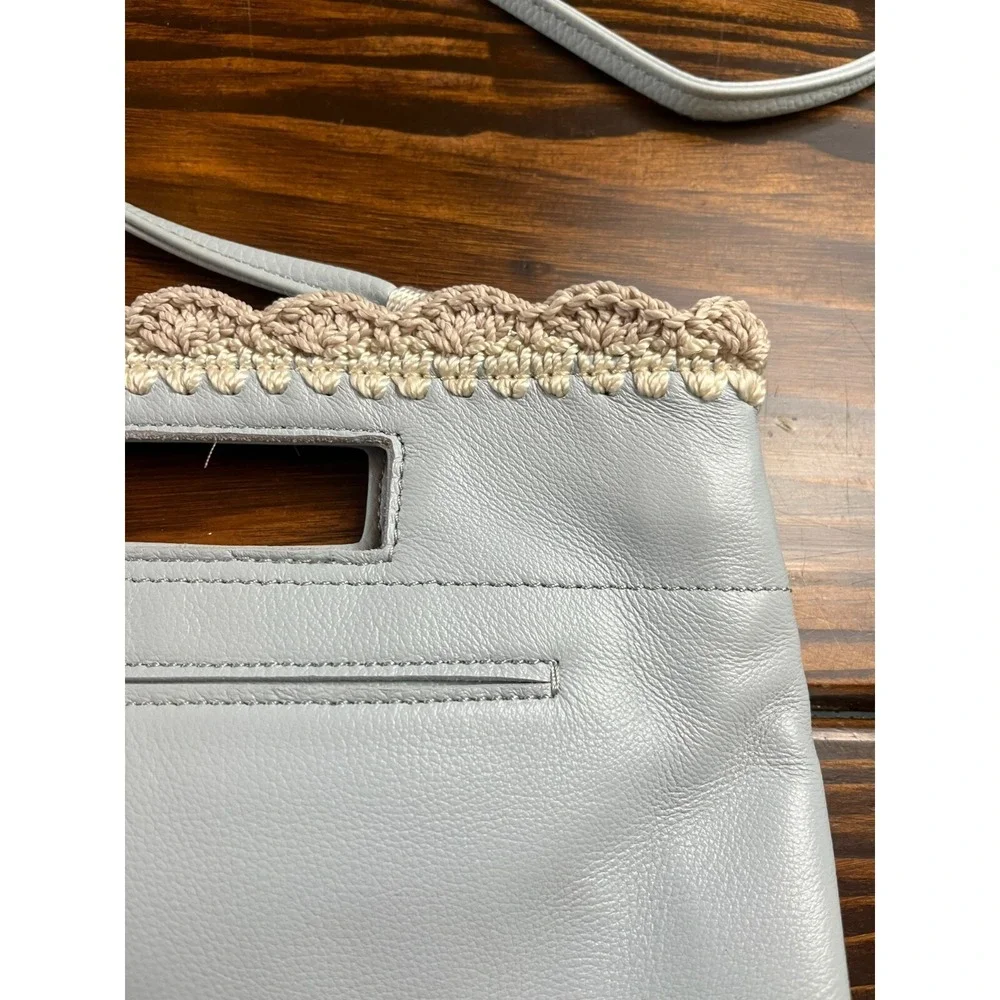 The Sak Bag, Hand Crochet Linden Chambray Light Blue Crossbody Clutch Scalloped
